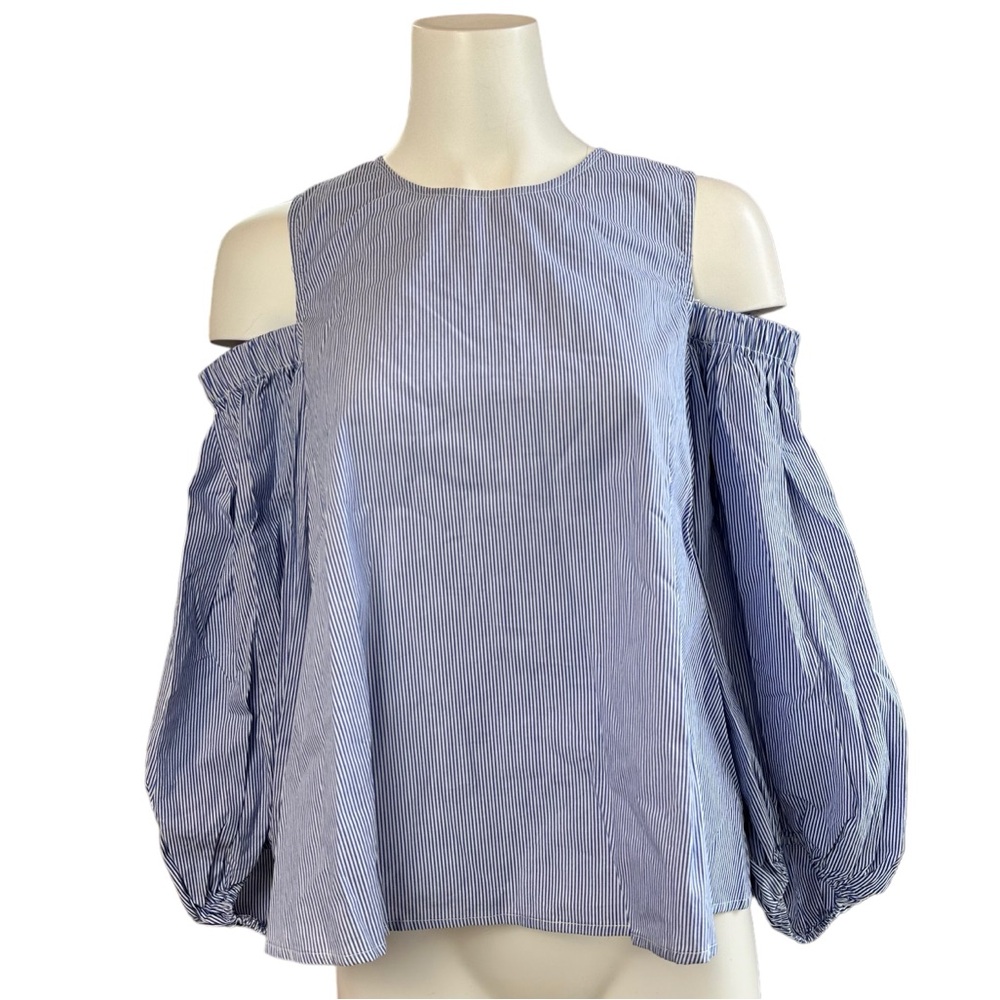 NWT Soloiste Pinstripe Balloon Sleeve Cold Shoulder Top Blouse Blue/White XS